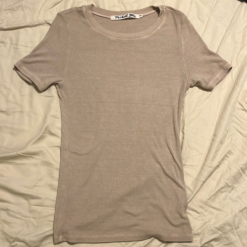 Short Sleeve Beige Ribbed Tee Shirt Top by Michael Stars OS/ One Size